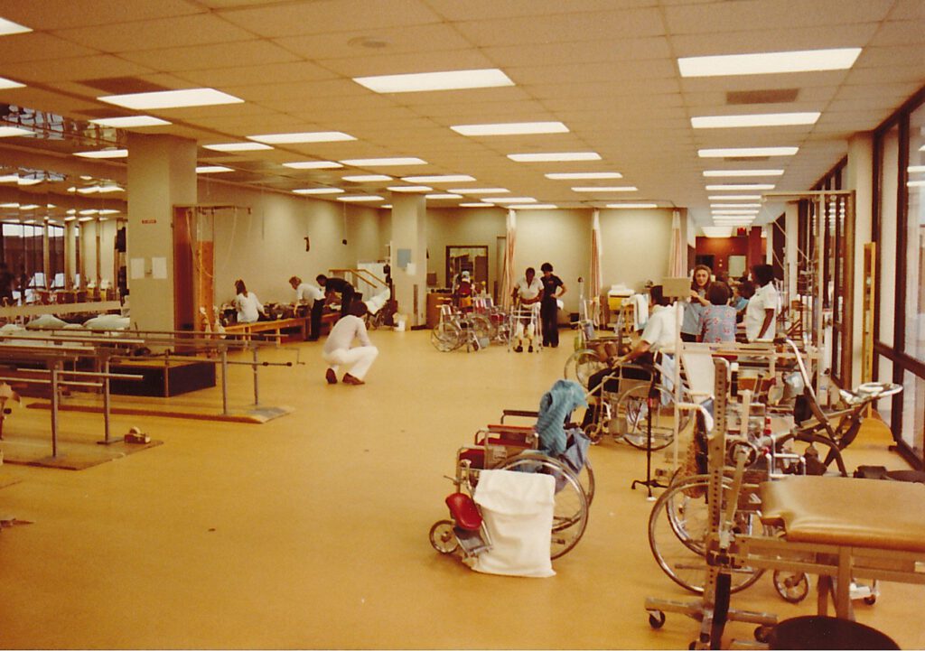 Historic photo form 1975 of the first floor therapy area at Methodist Rehabilitation Hospital